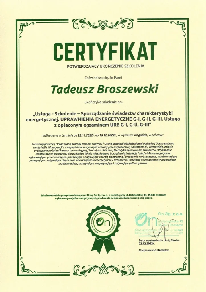 Certyfikat Tadeusz Broszewski