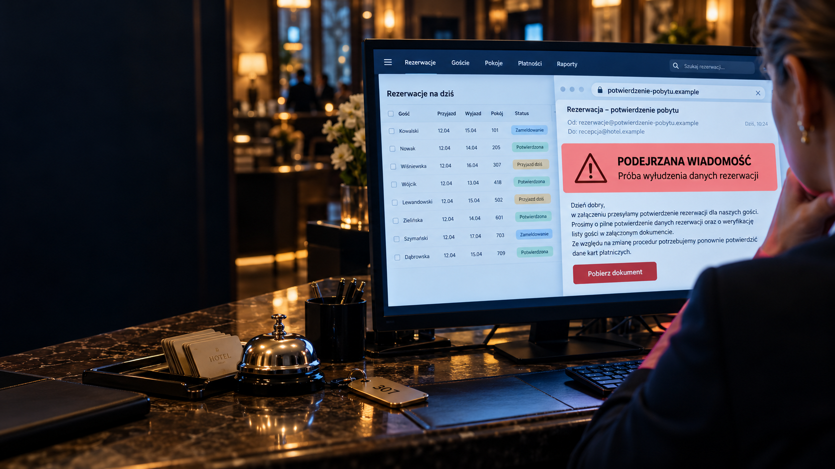 Hotelowy panel rezerwacji z przykładem próby wyłudzenia danych